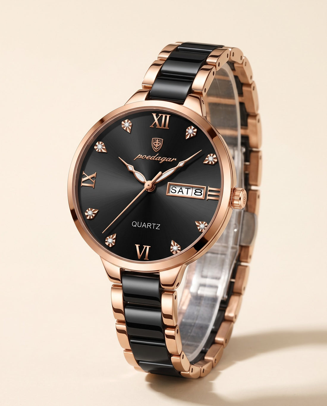 Pearl Ceramic Day-Date Rose Gold case, Black dial