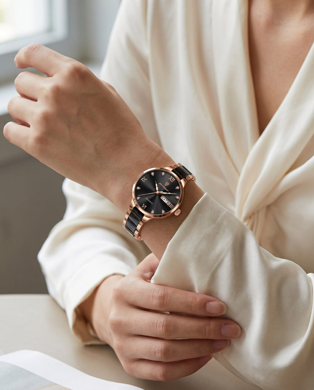 Pearl Ceramic Day-Date Rose Gold case, Black dial on the wrist