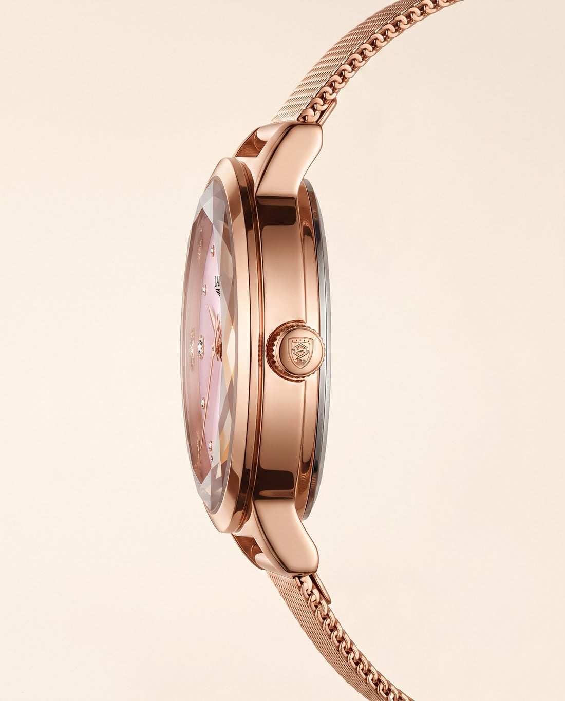 Petite Mesh Ladies Pink dial crown side