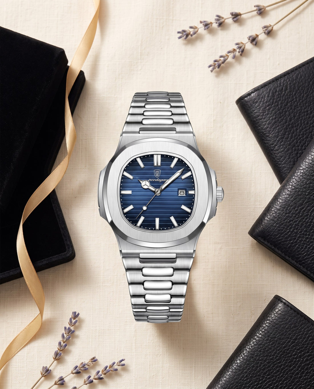 Blue Octagon Classic Silver case, Blue dial flat lay