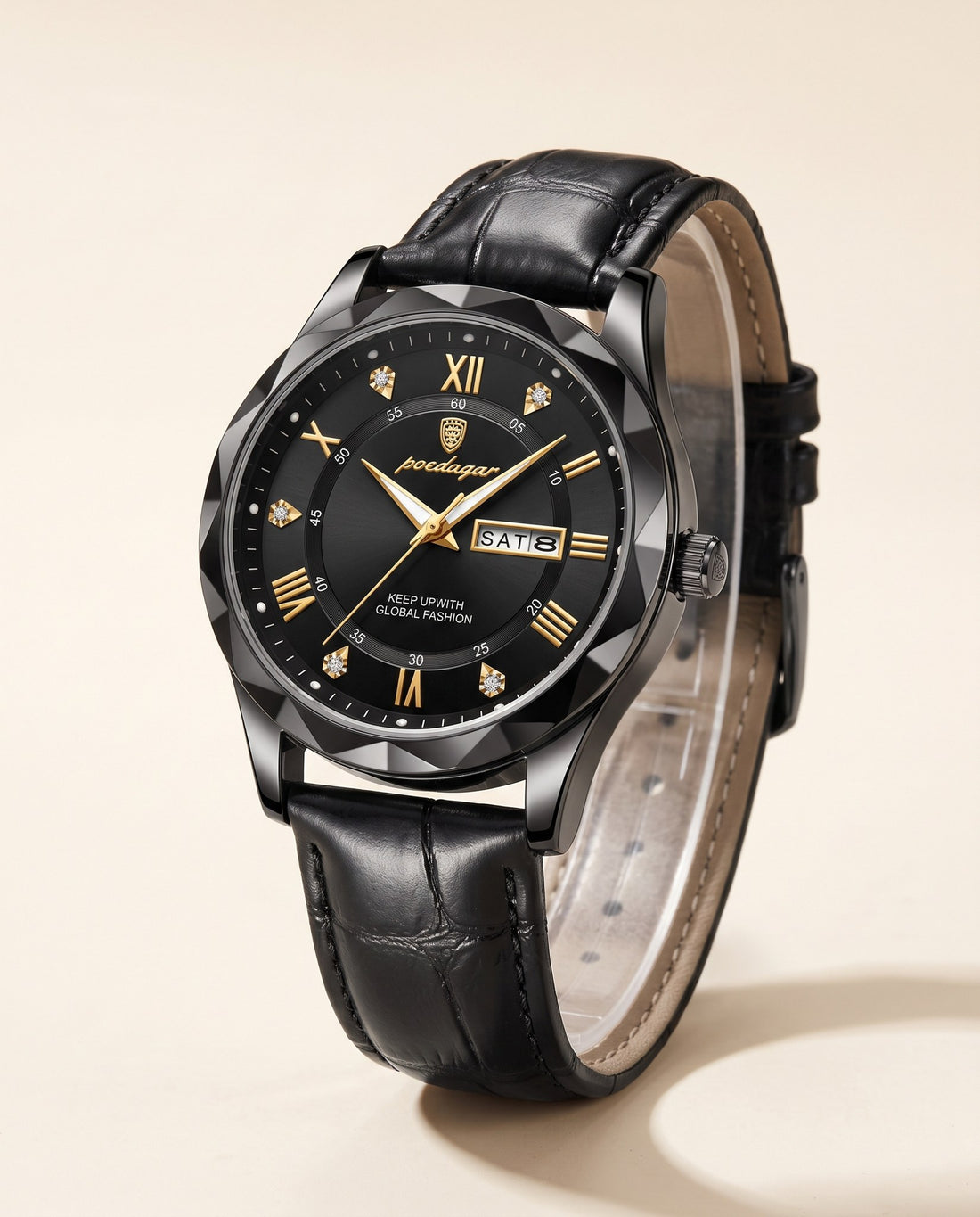 Regent Roman Leather Day-Date Black case, Black dial front