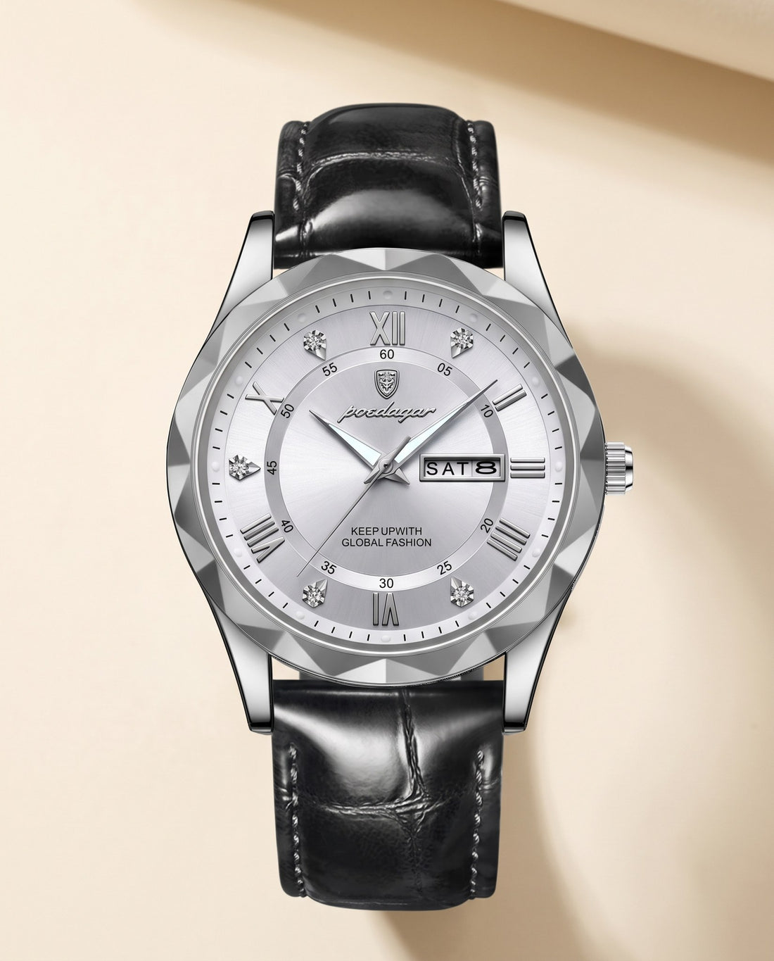 Regent Roman Leather Day-Date Silver case, White dial