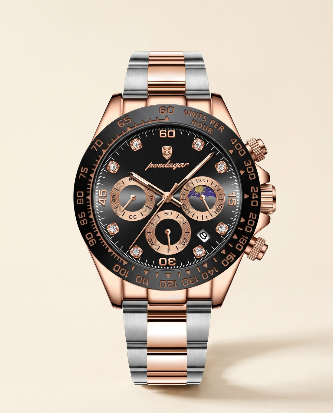Rose Racer Chronograph Rose Gold case, Black dial front
