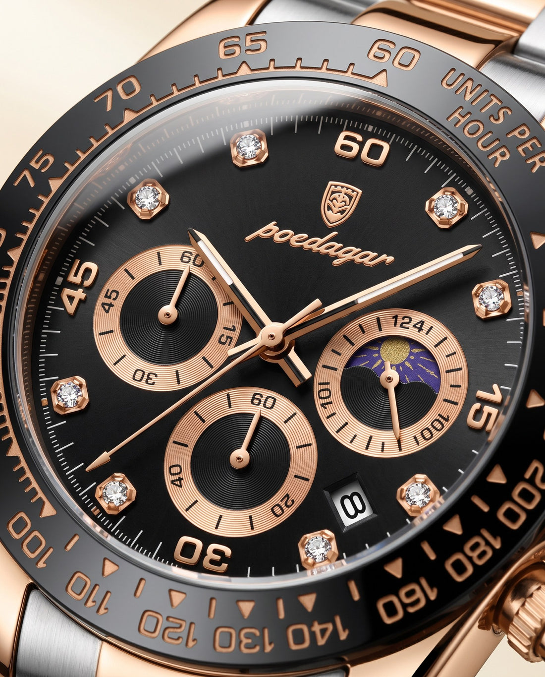 Rose Racer Chronograph Rose Gold case, Black dial dial close-up