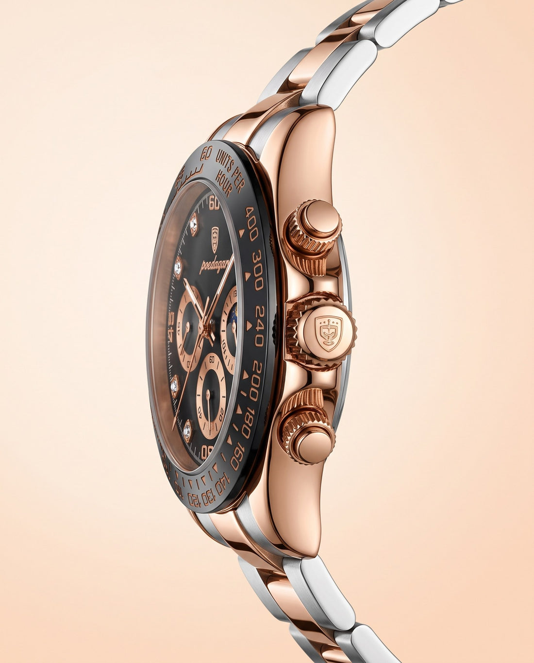 Rose Racer Chronograph Rose Gold case, Black dial crown side