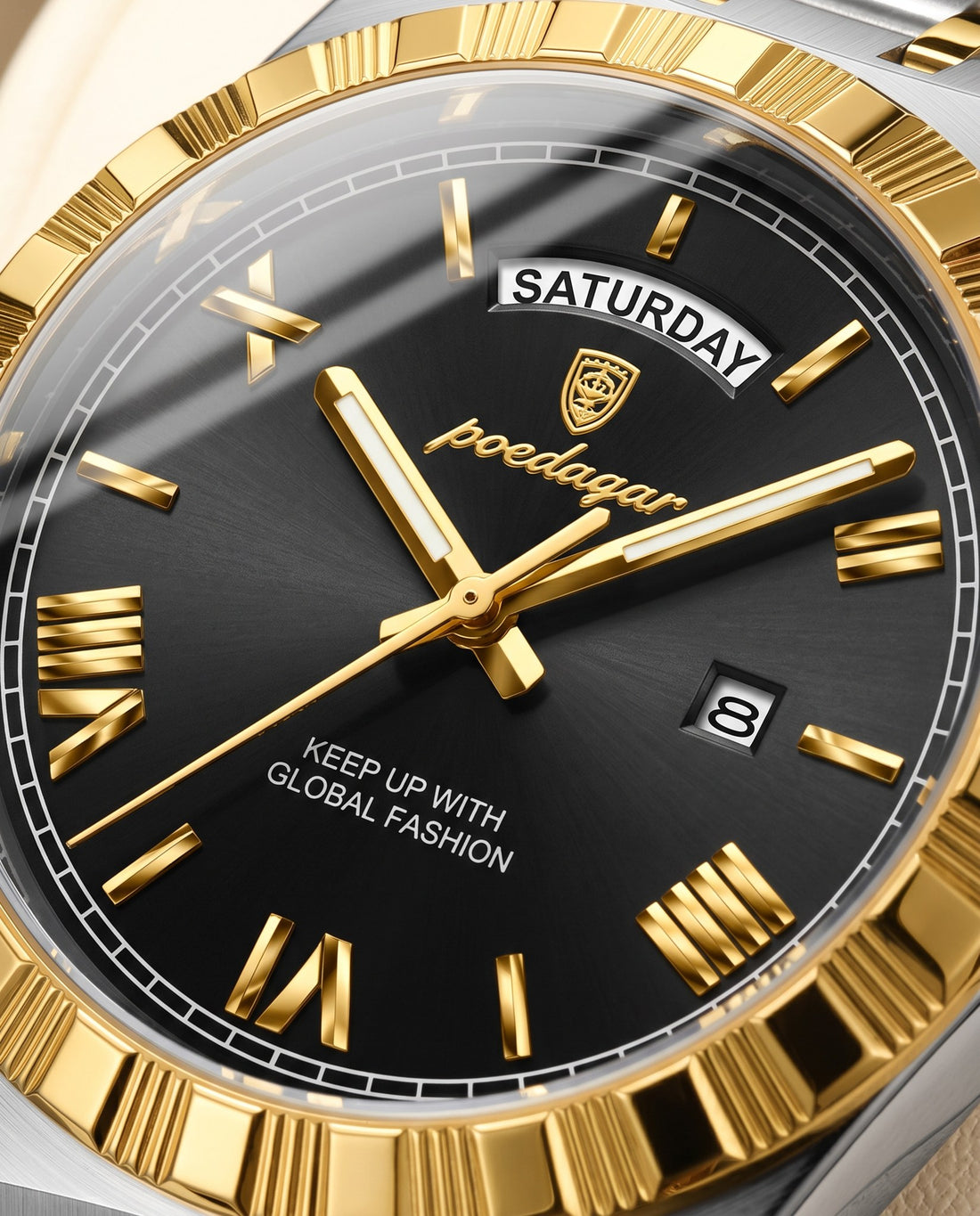 Crown Day-Date Two-Tone Gold case, Black dial dial close-up