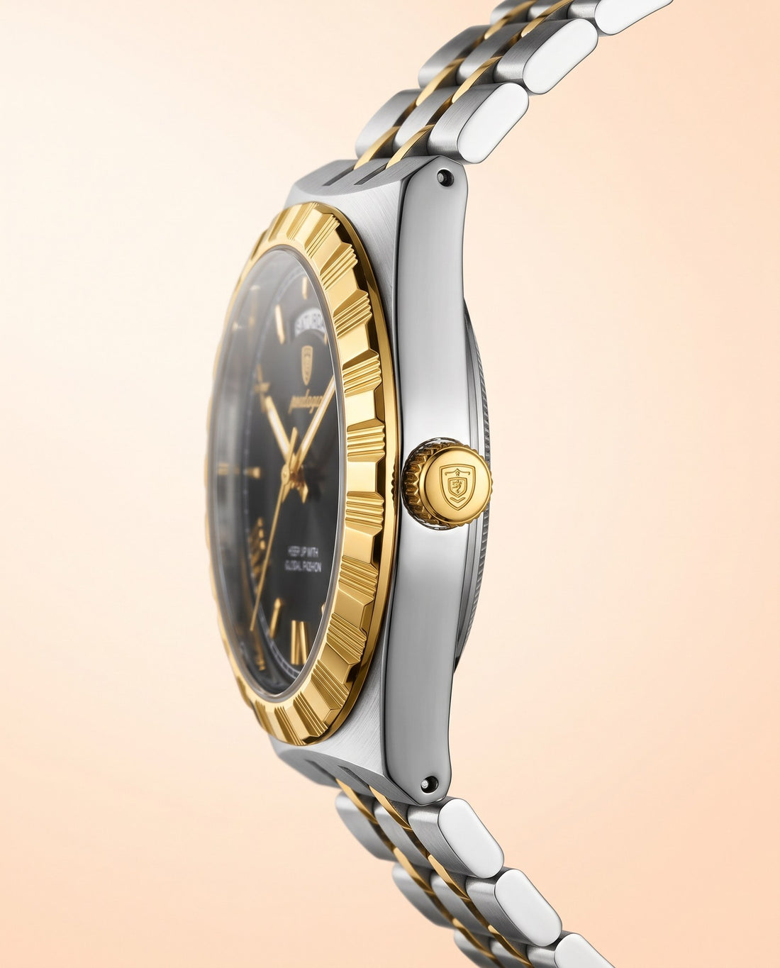 Crown Day-Date Two-Tone Gold case, Black dial crown side