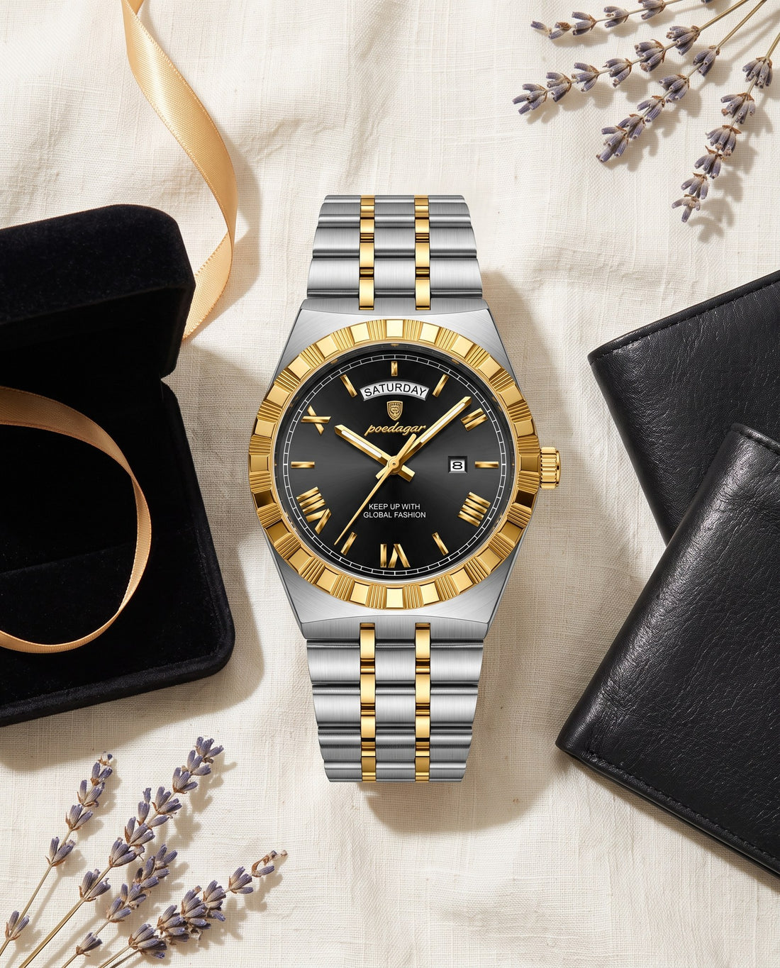 Crown Day-Date Two-Tone Gold case, Black dial flat lay