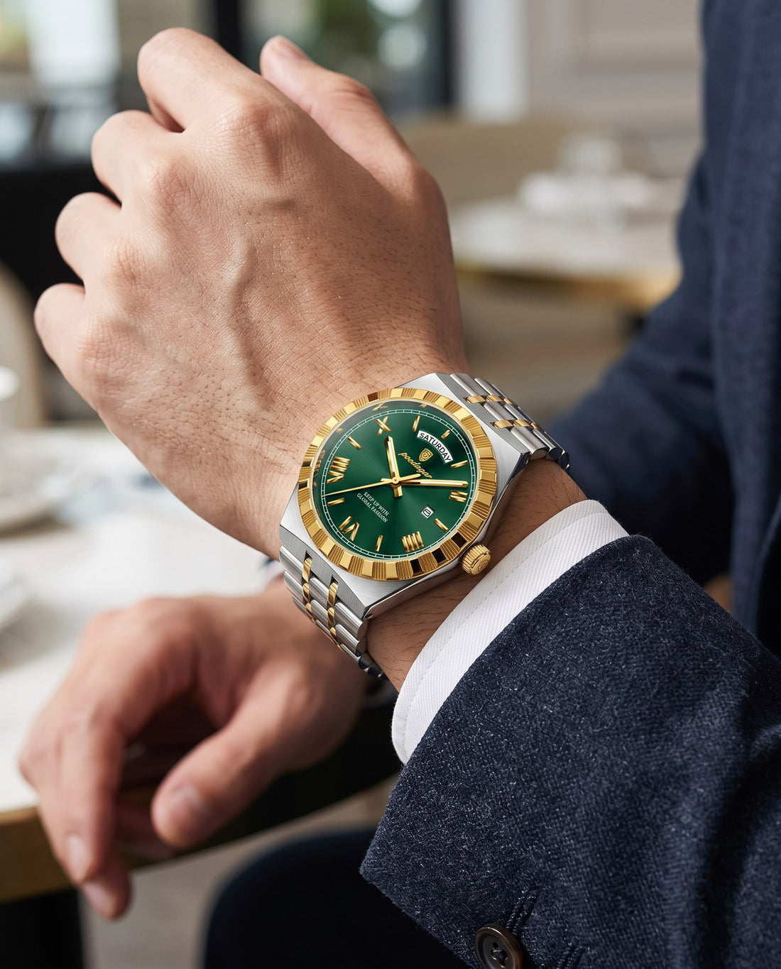 Crown Day-Date Two-Tone Gold case, Green dial on the wrist