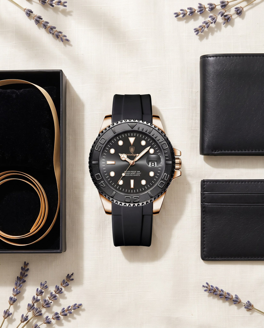 Mariner Diver Rose Gold case, Black dial flat lay