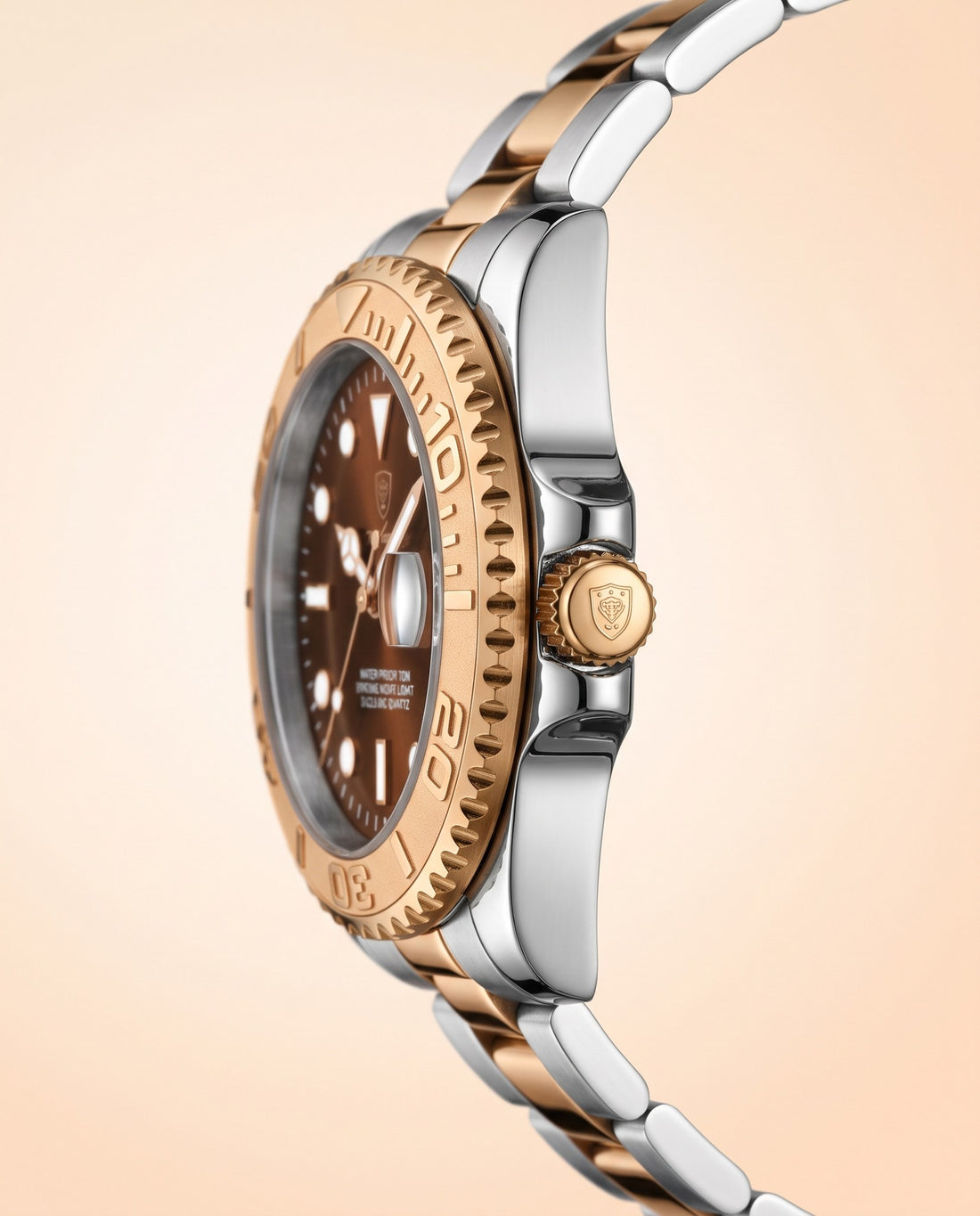 Mariner Diver (Steel) Rose Gold case, Coffee dial crown side