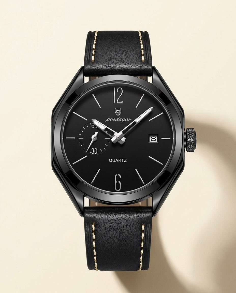 Heritage Leather Classic Black case, Black dial front