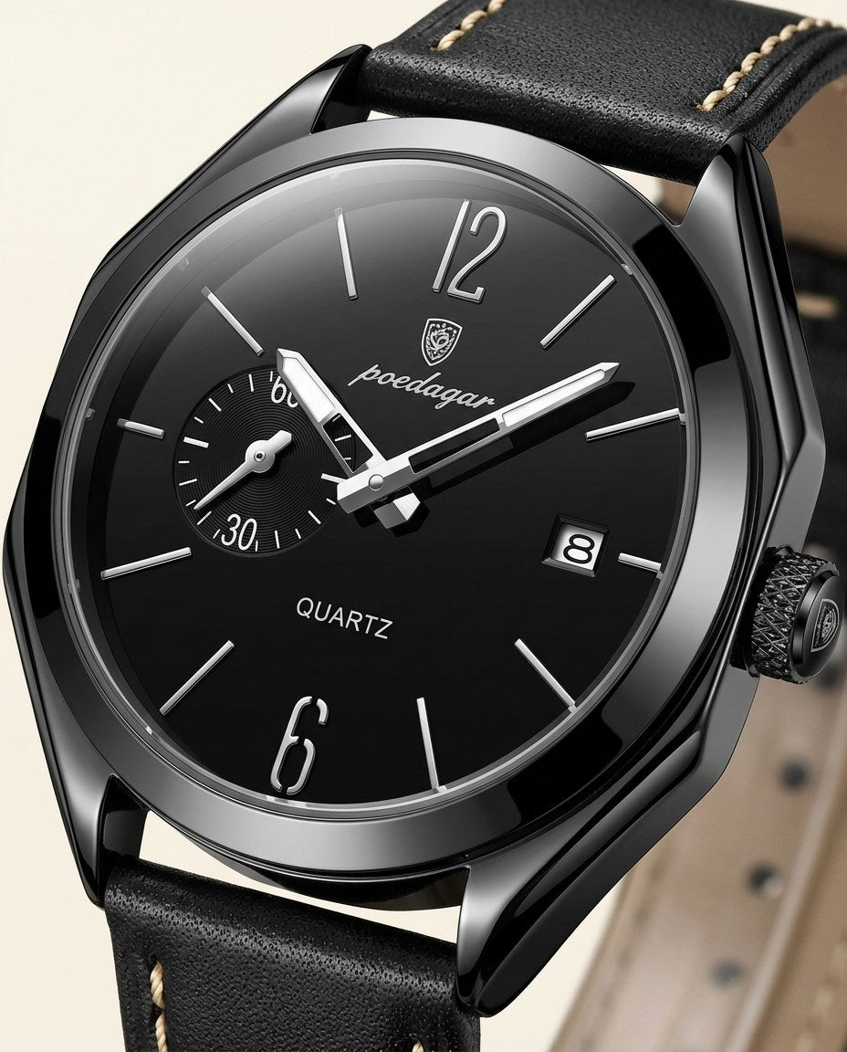 Heritage Leather Classic Black case, Black dial dial close-up
