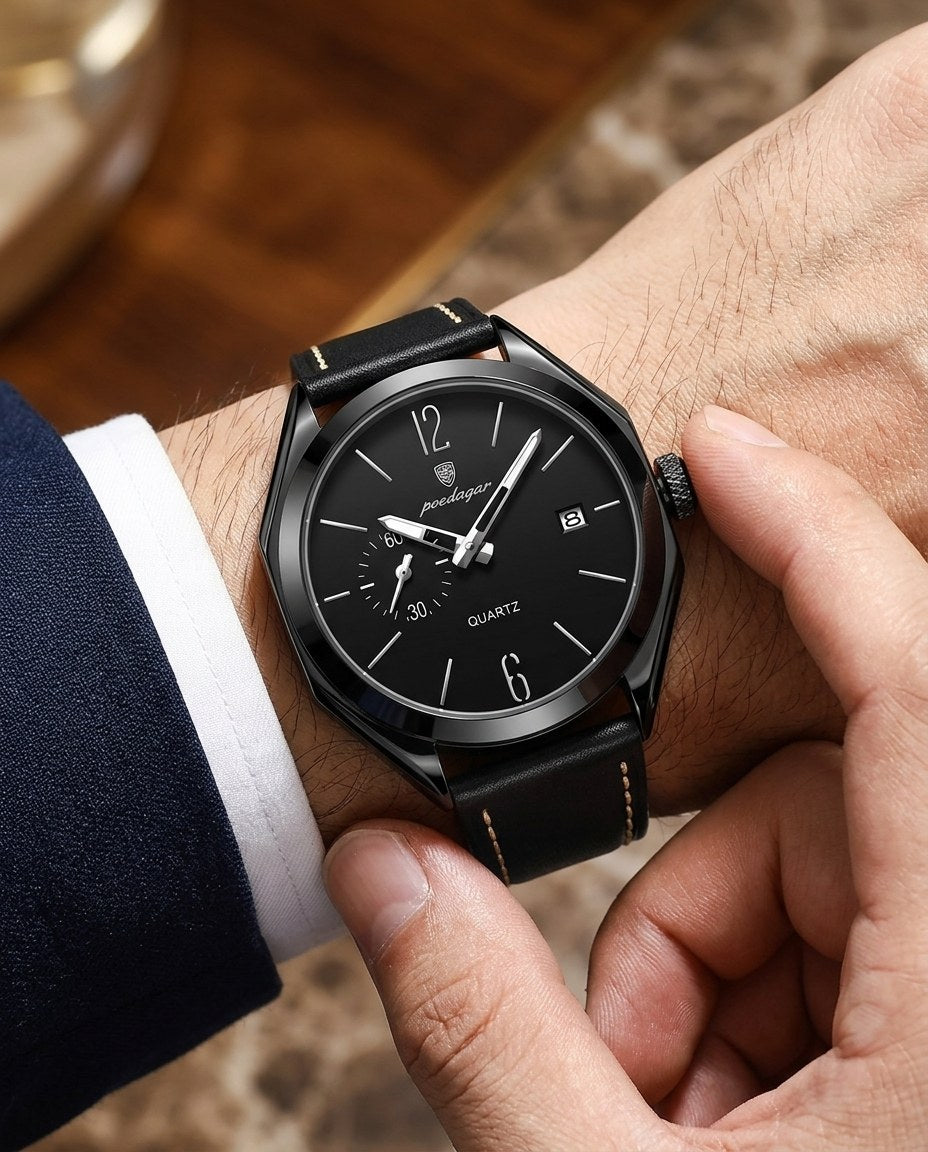 Heritage Leather Classic Black case, Black dial on the wrist
