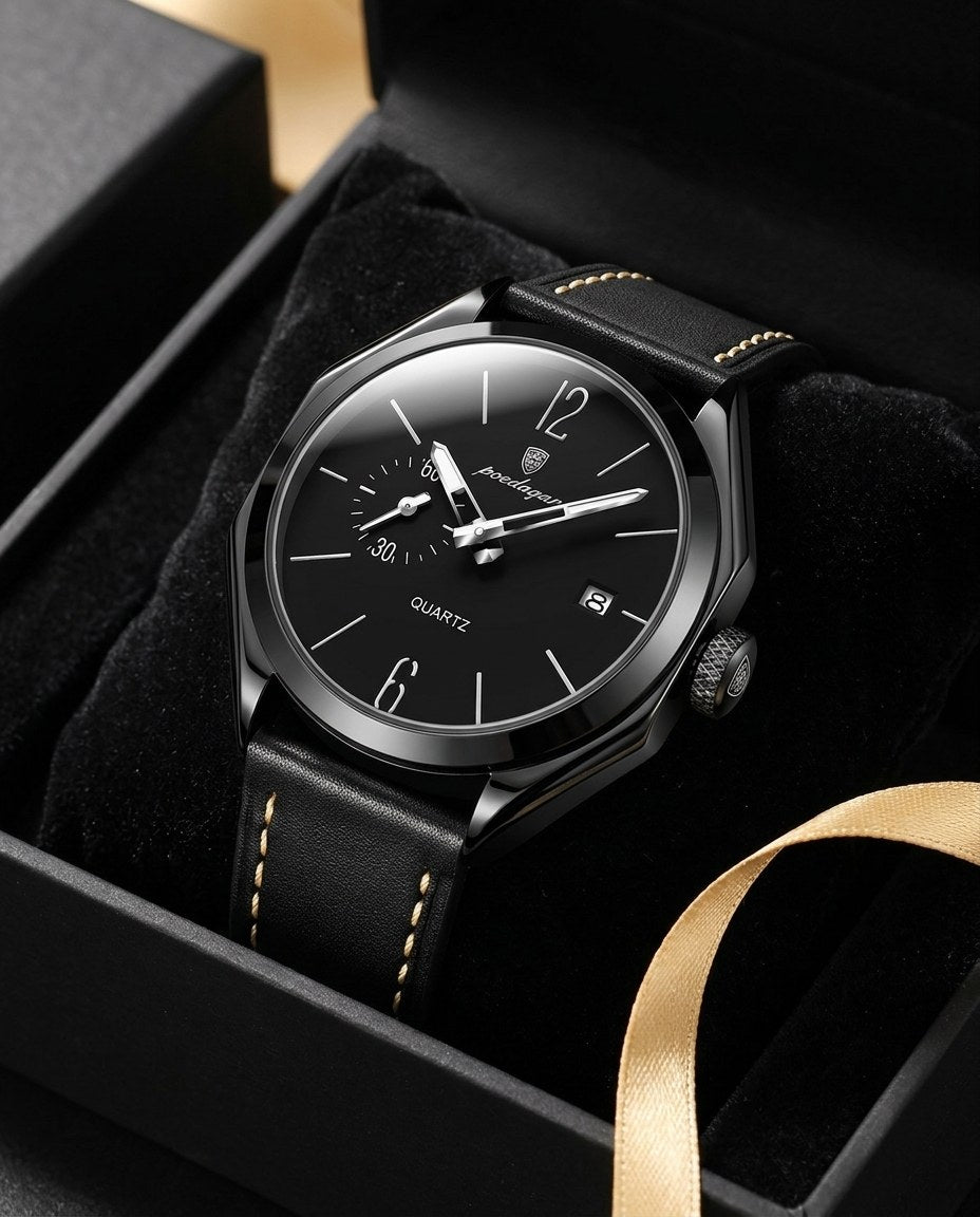 Heritage Leather Classic Black case, Black dial in the gift box