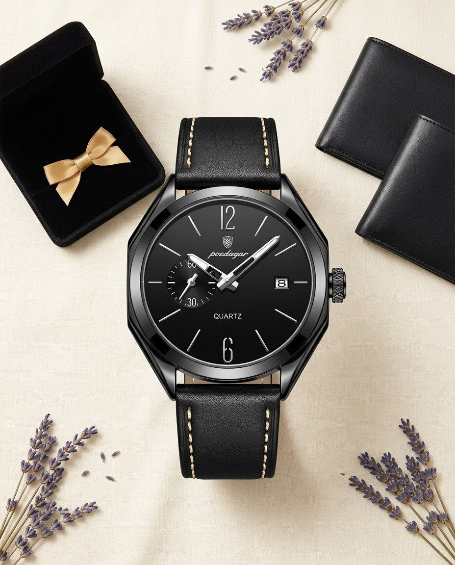 Heritage Leather Classic Black case, Black dial flat lay