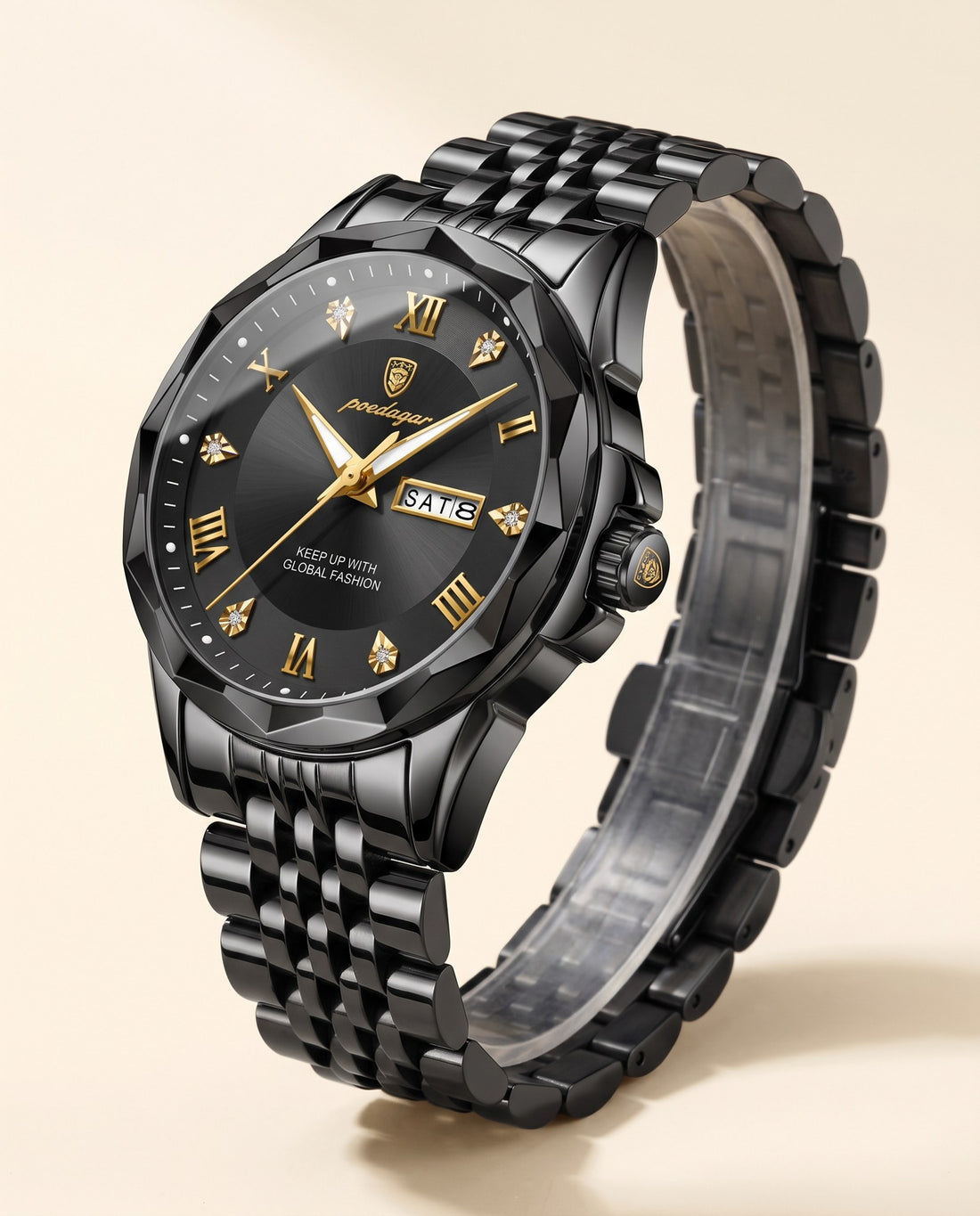 Diamond-Cut Day-Date Black case, Black dial front