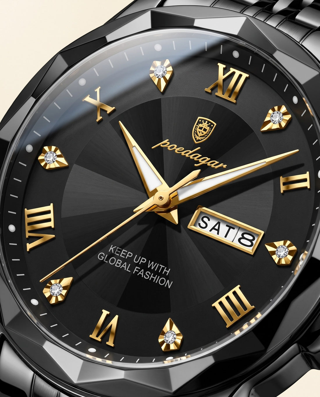 Diamond-Cut Day-Date Black case, Black dial dial close-up