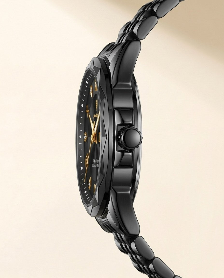 Diamond-Cut Day-Date Black case, Black dial crown side