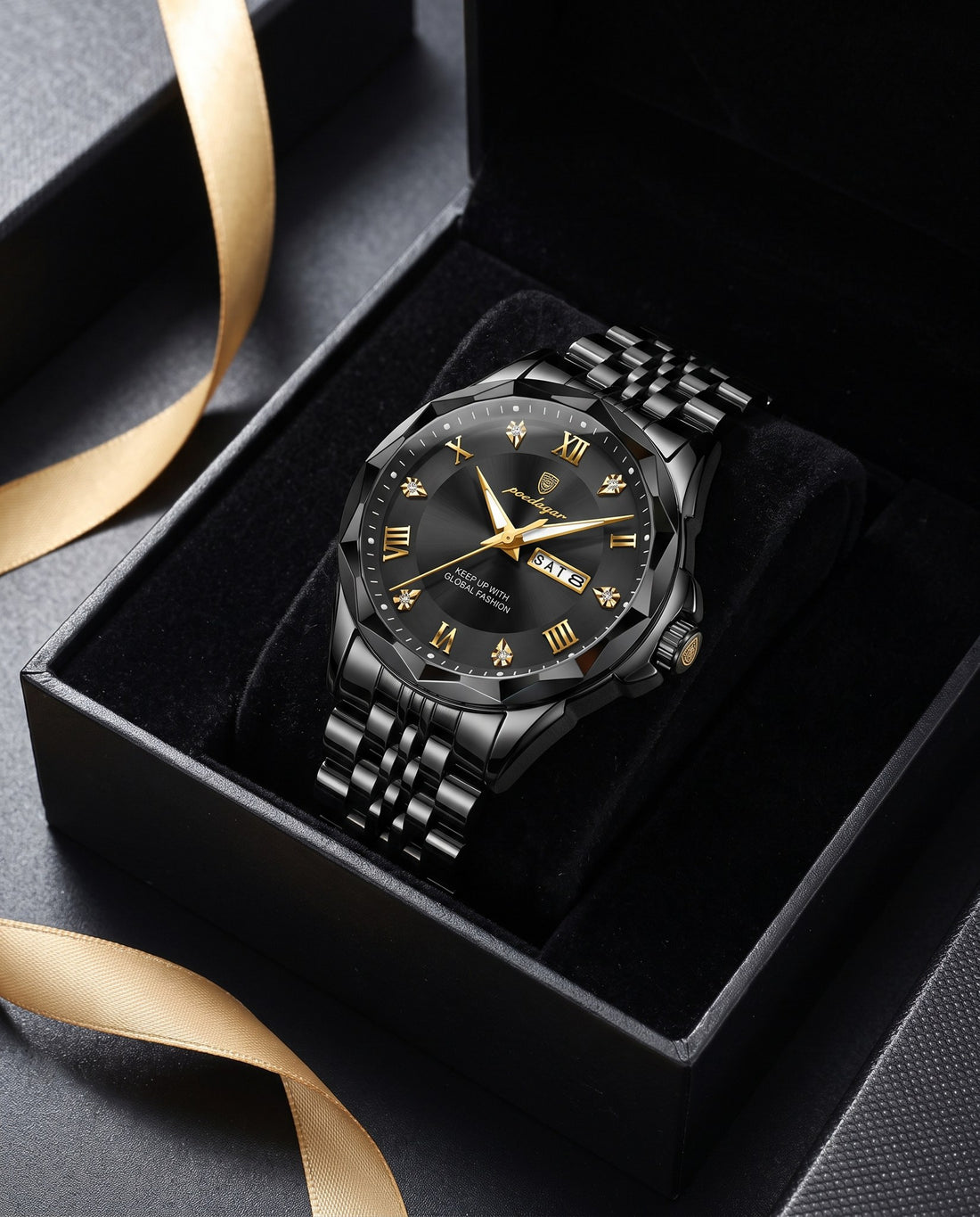 Diamond-Cut Day-Date Black case, Black dial in the gift box
