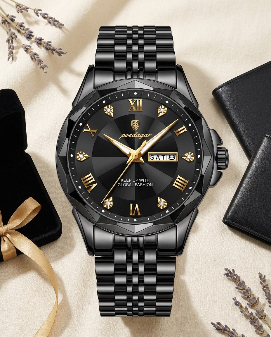 Diamond-Cut Day-Date Black case, Black dial flat lay