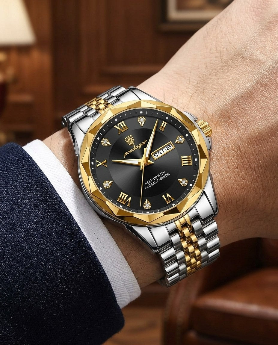 Diamond-Cut Day-Date Gold case, Black dial on the wrist