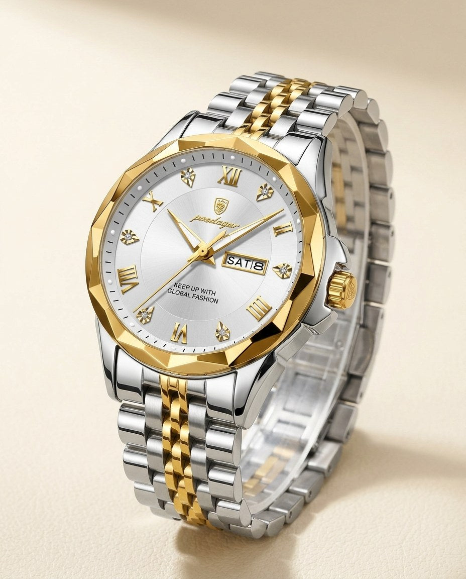 Diamond-Cut Day-Date Gold case, White dial