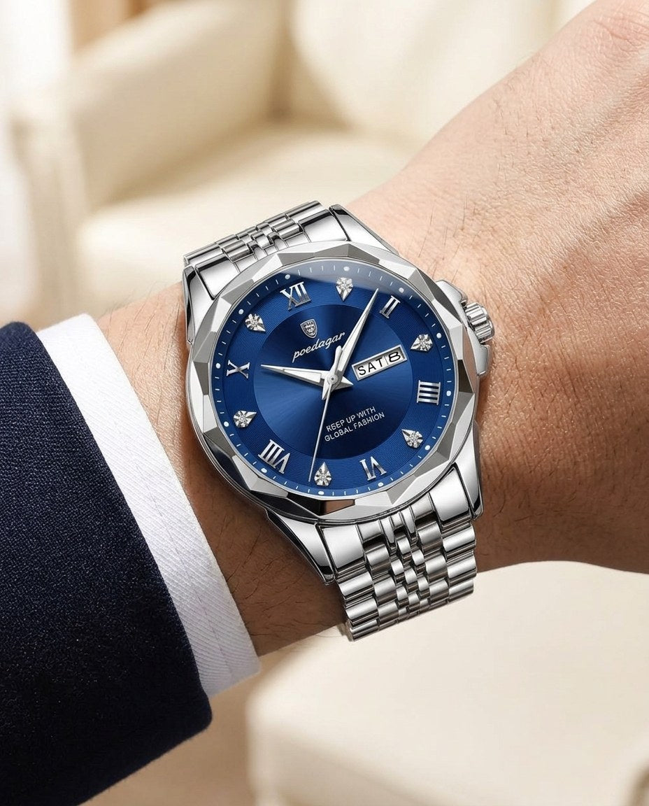 Diamond-Cut Day-Date Silver case, Blue dial on the wrist