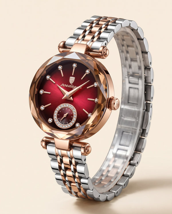 Prism Diamond-Cut Ladies Red dial, two-tone bracelet hero