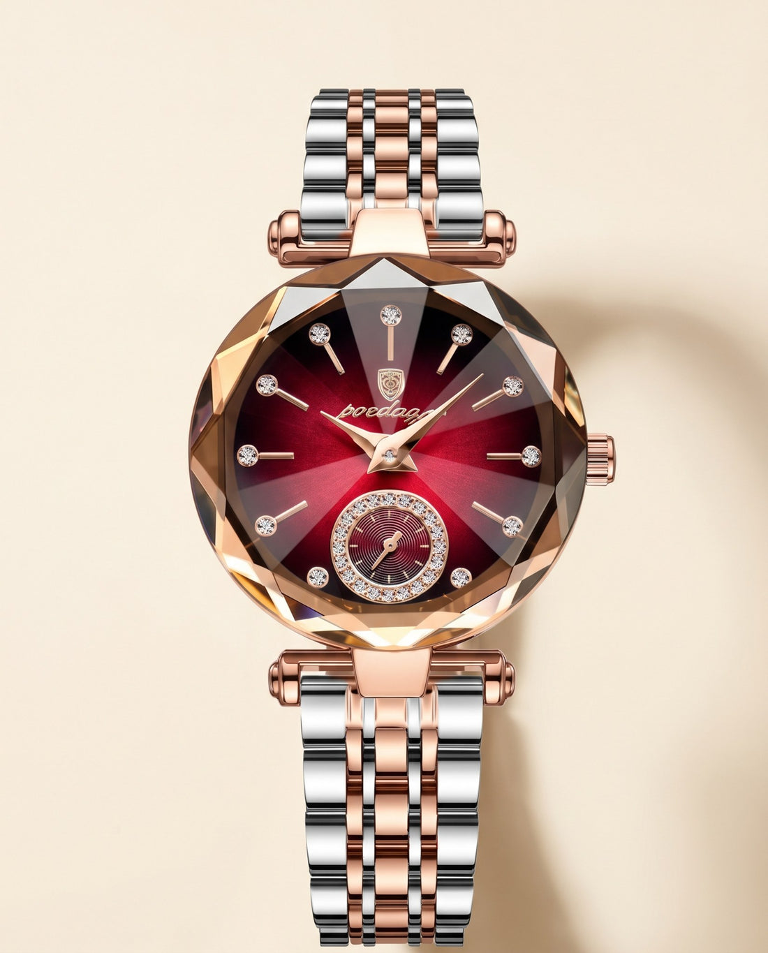Prism Diamond-Cut Ladies Red dial, two-tone bracelet front