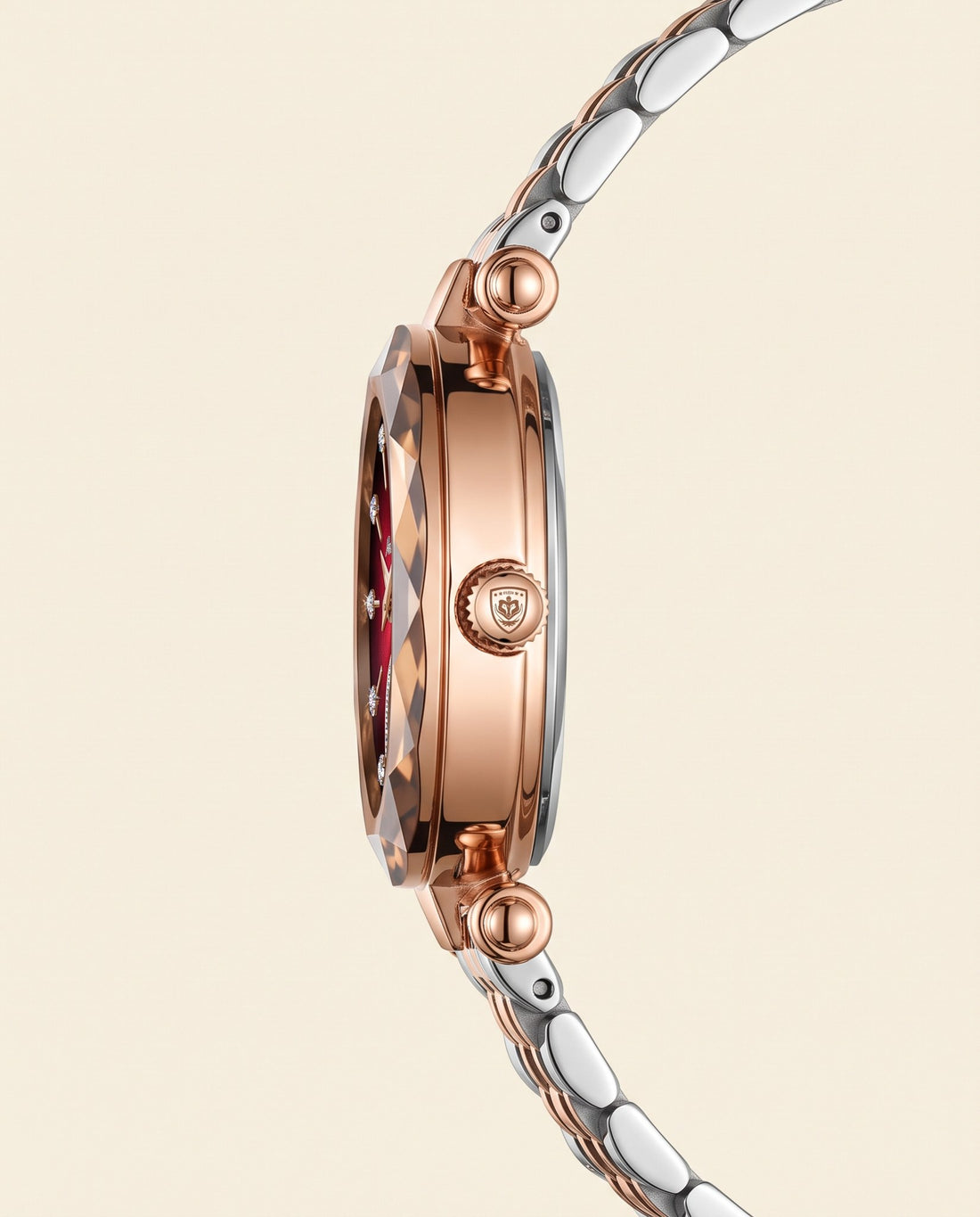 Prism Diamond-Cut Ladies Red dial, two-tone bracelet crown side