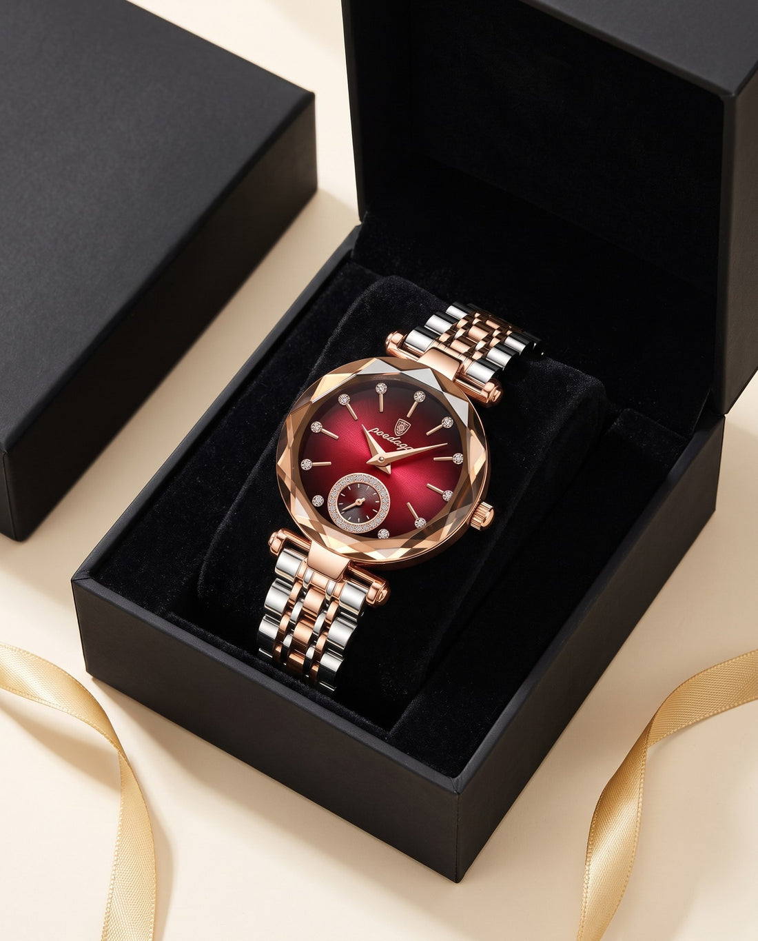 Prism Diamond-Cut Ladies Red dial, two-tone bracelet in the gift box