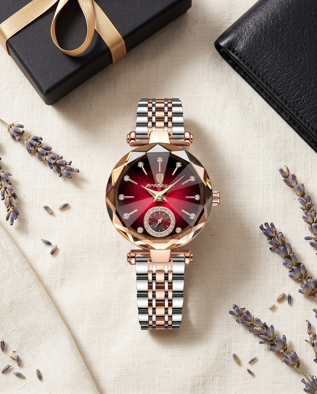 Prism Diamond-Cut Ladies Red dial, two-tone bracelet flat lay