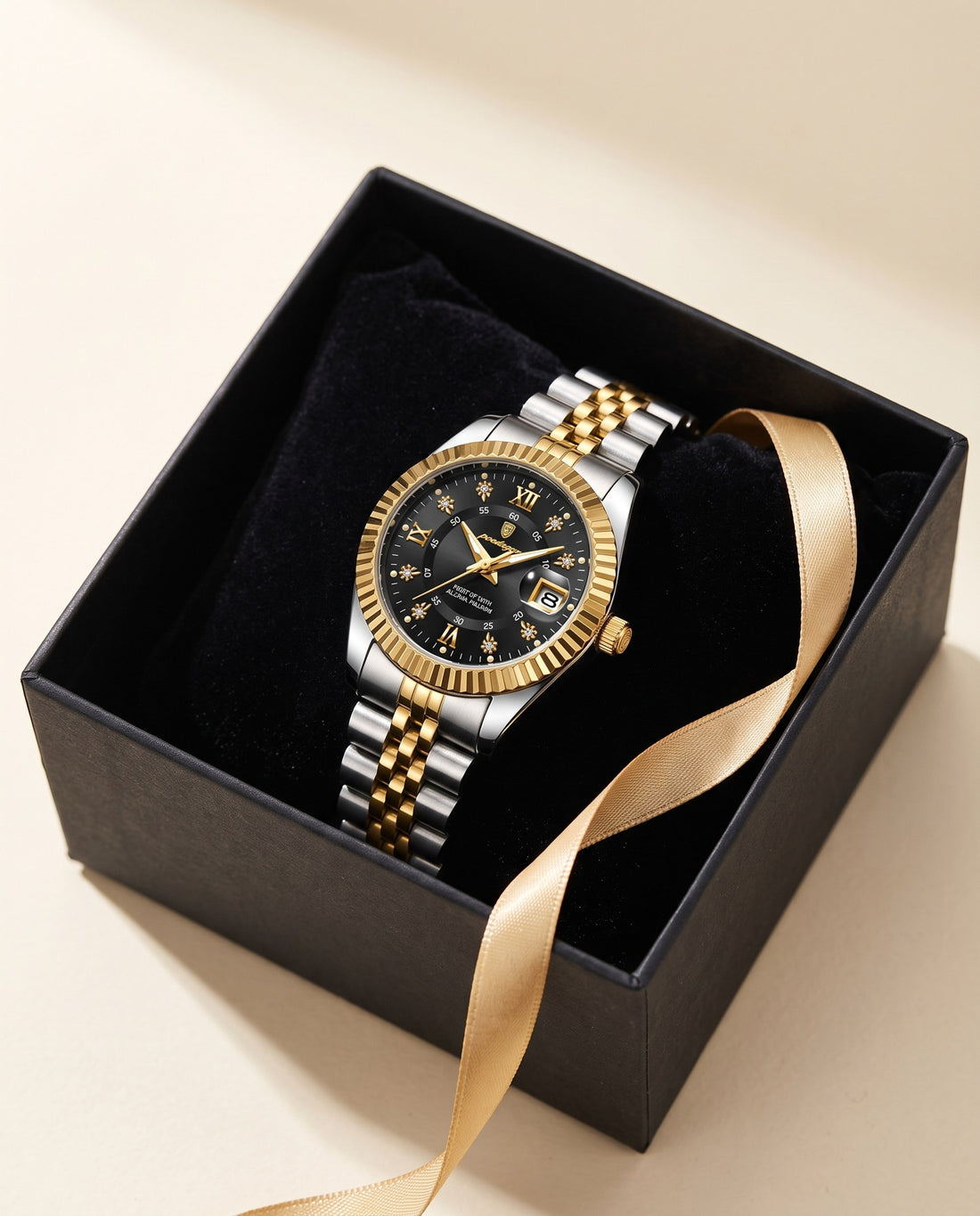 Petite Fluted Ladies Gold case, Black dial in the gift box