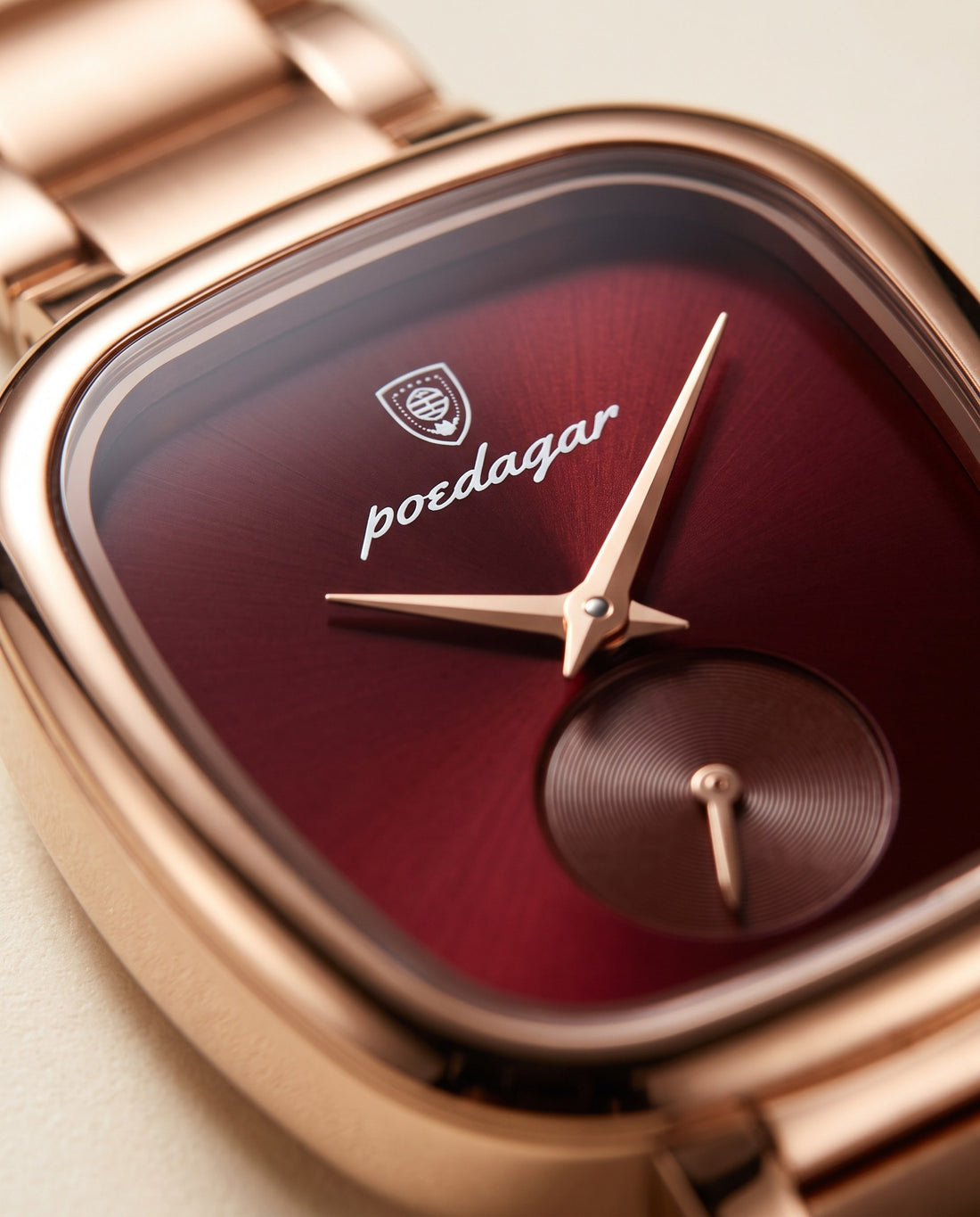 Rose Cushion Square Rose Gold case, Red dial dial close-up