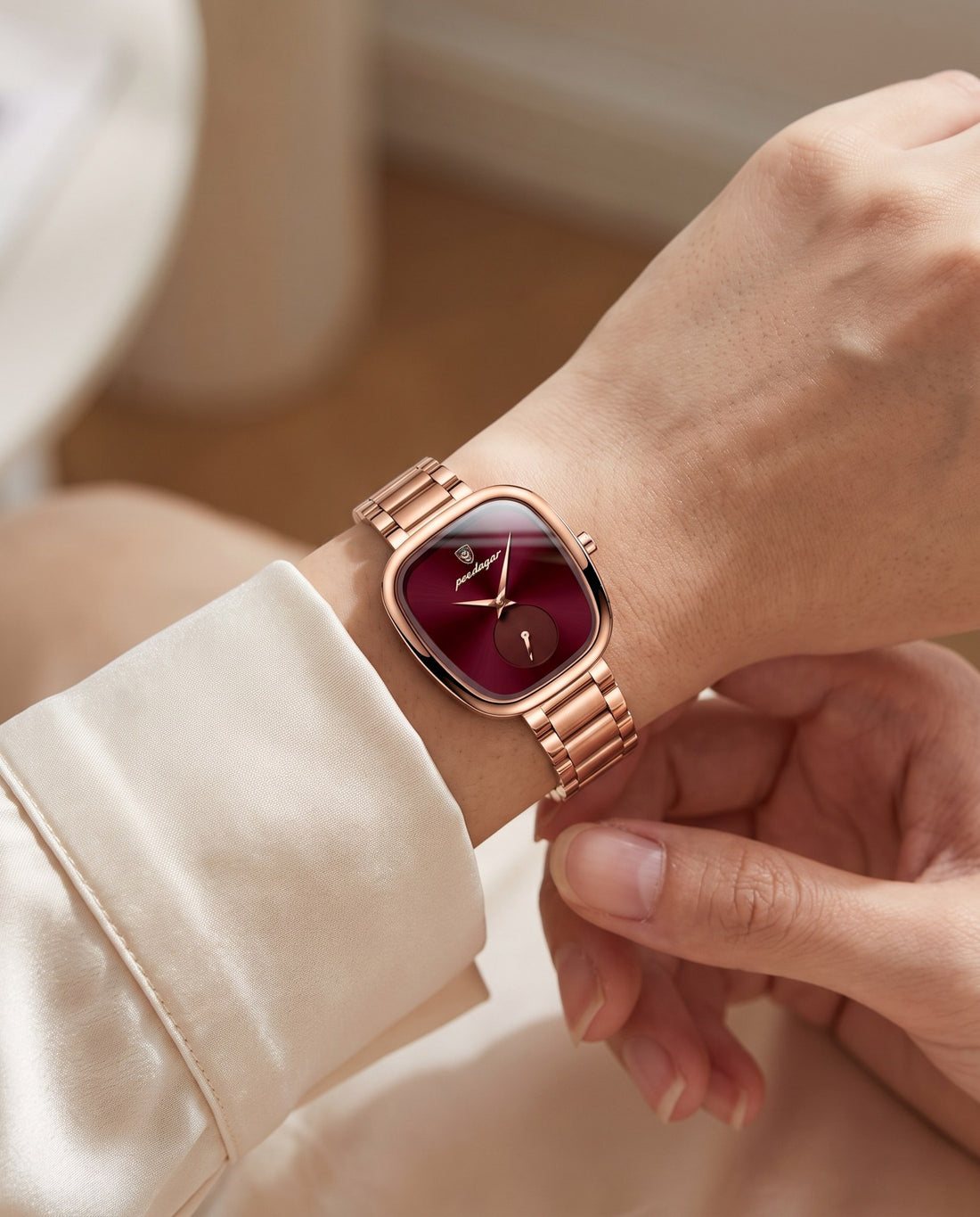 Rose Cushion Square Rose Gold case, Red dial on the wrist