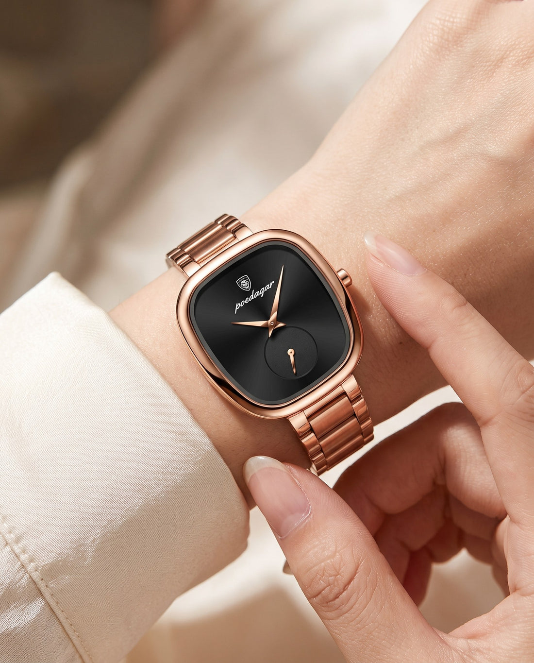 Rose Cushion Square Rose Gold case, Black dial on the wrist