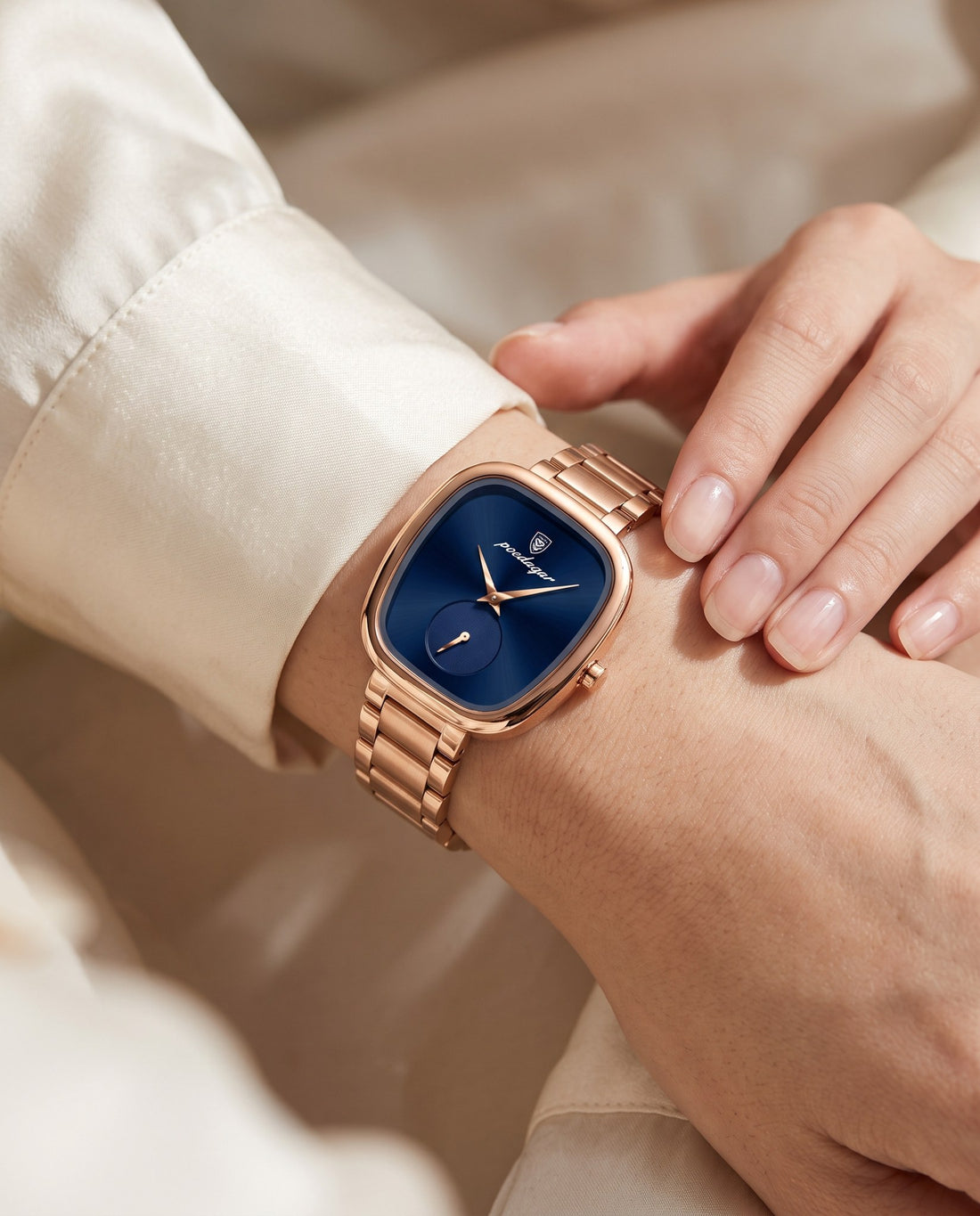 Rose Cushion Square Rose Gold case, Blue dial on the wrist