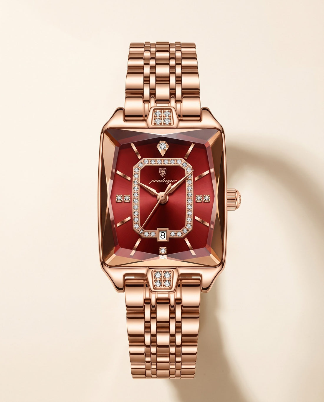 Gem Rectangle Ladies Gold case, Red dial front