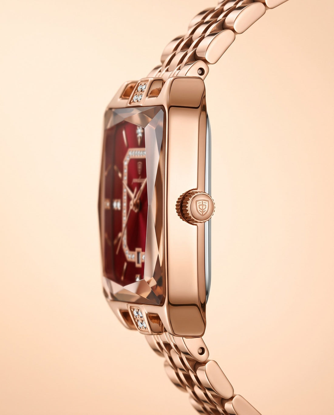 Gem Rectangle Ladies Gold case, Red dial crown side