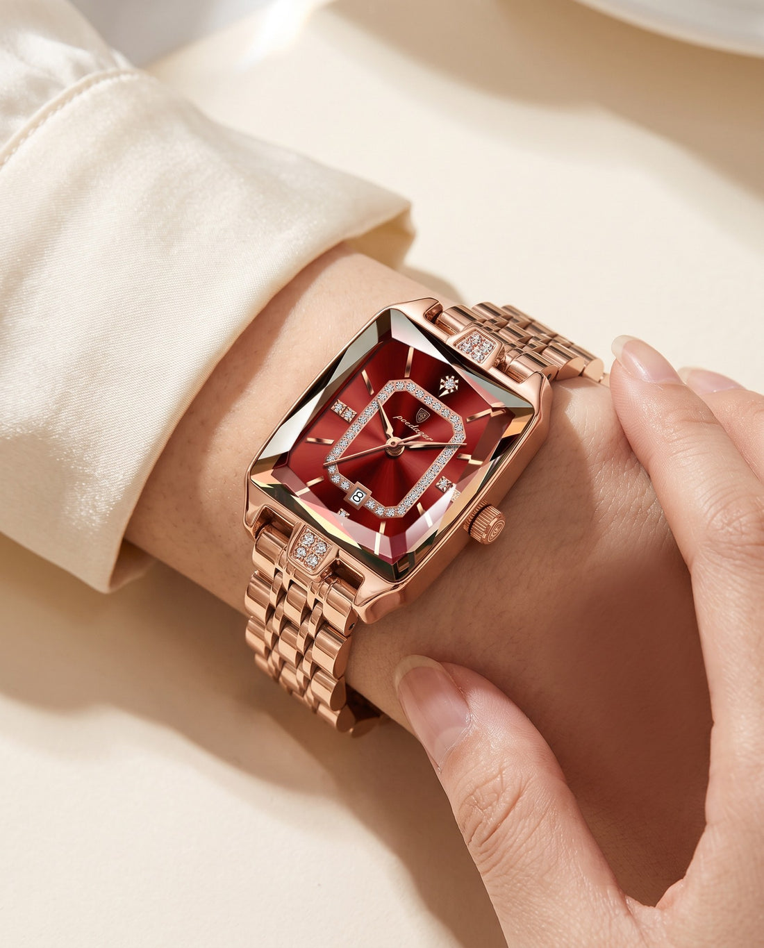 Gem Rectangle Ladies Gold case, Red dial on the wrist
