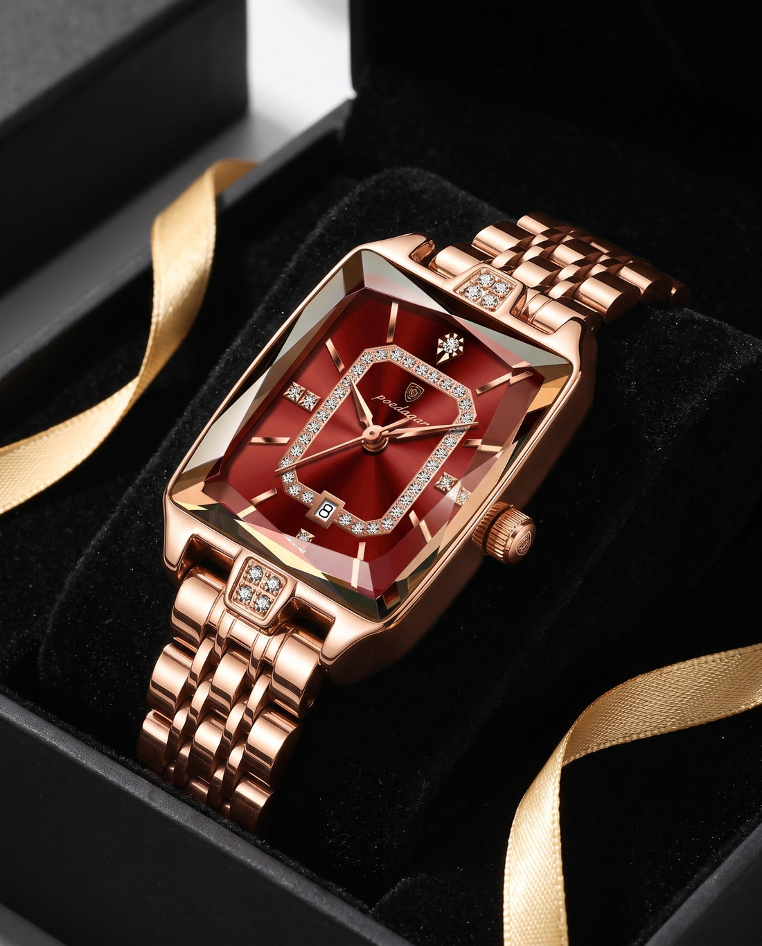 Gem Rectangle Ladies Gold case, Red dial in the gift box