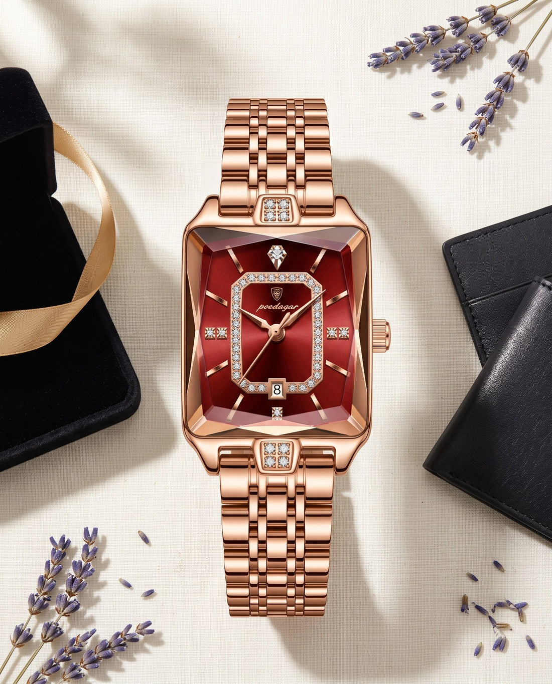 Gem Rectangle Ladies Gold case, Red dial flat lay