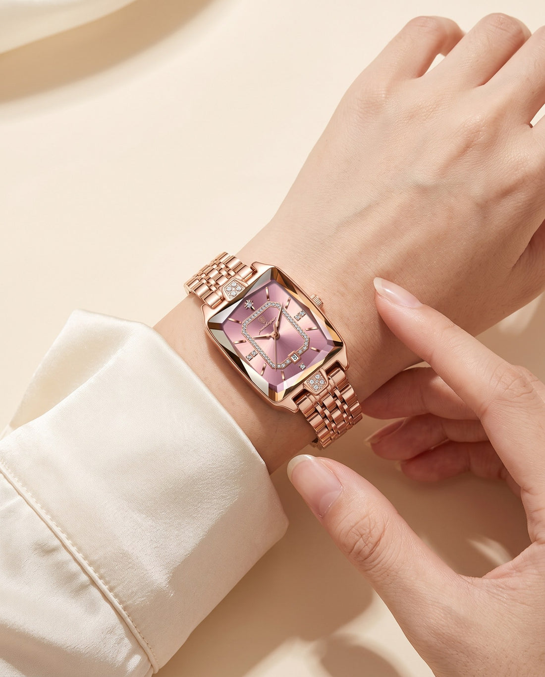 Gem Rectangle Ladies Gold case, Pink dial on the wrist