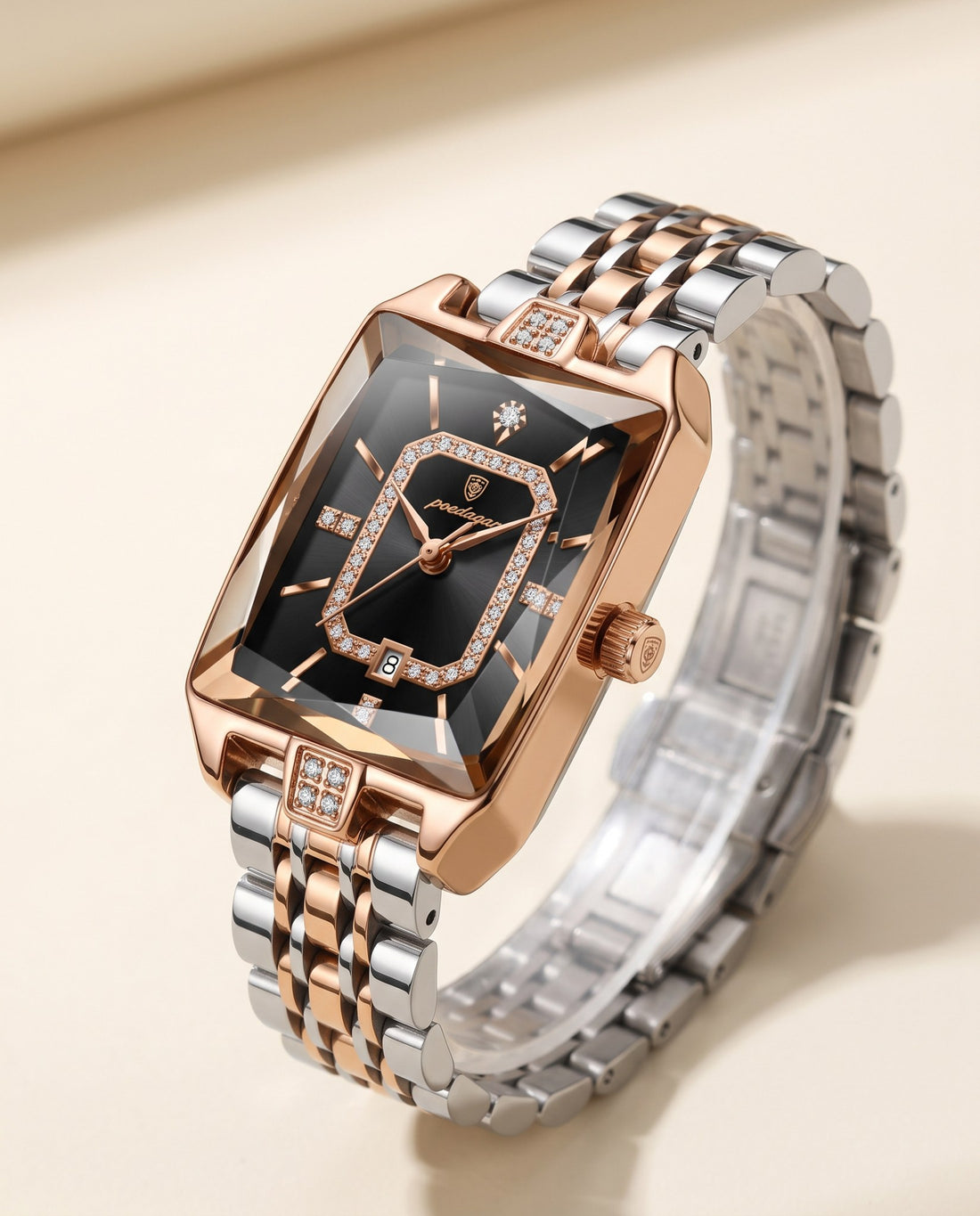 Gem Rectangle Ladies Gold case, Black dial