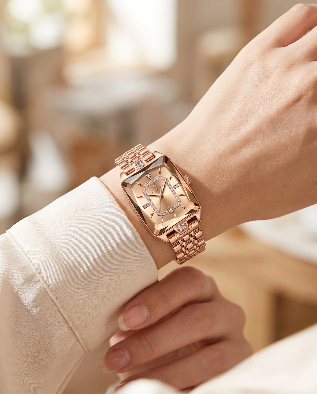 Gem Rectangle Ladies Gold case, Gold dial on the wrist