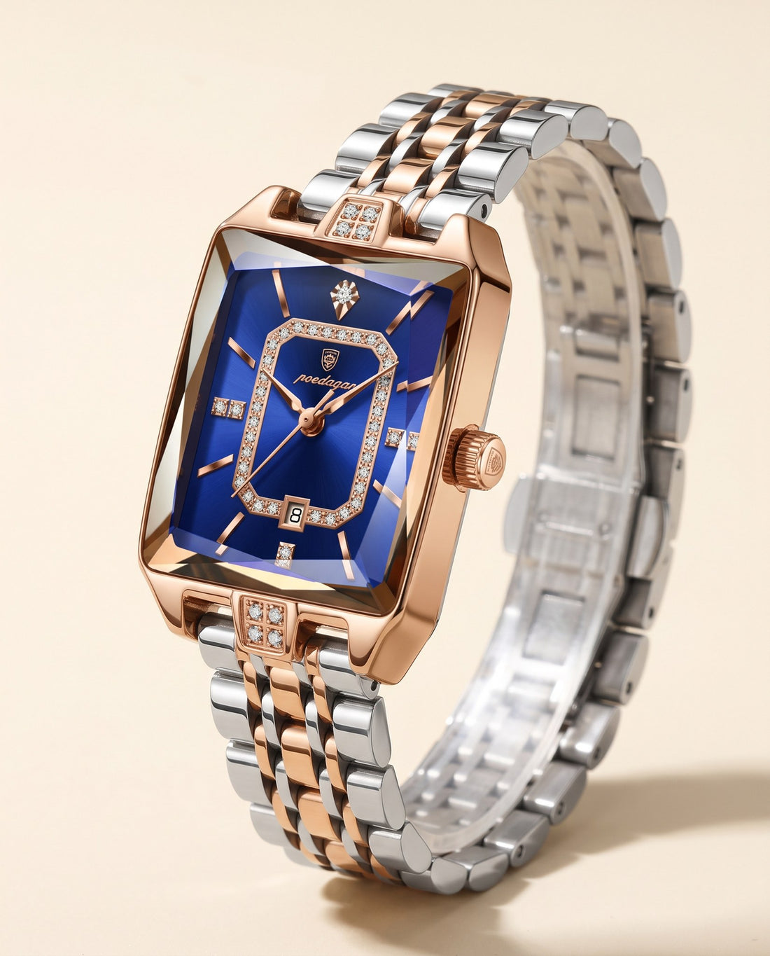 Gem Rectangle Ladies Gold case, Blue dial