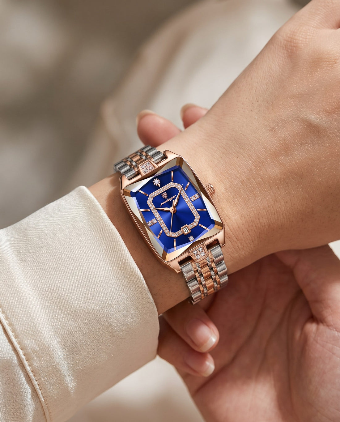 Gem Rectangle Ladies Gold case, Blue dial on the wrist