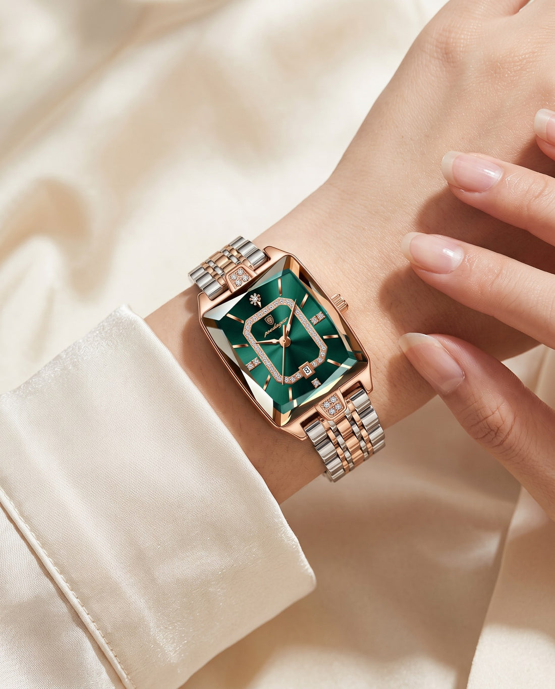 Gem Rectangle Ladies Gold case, Green dial on the wrist