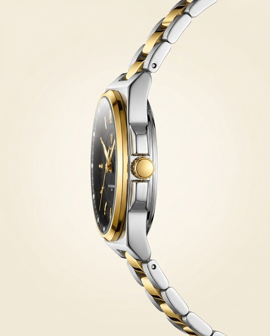 Grace Two-Tone Ladies Day-Date Gold case, Black dial crown side